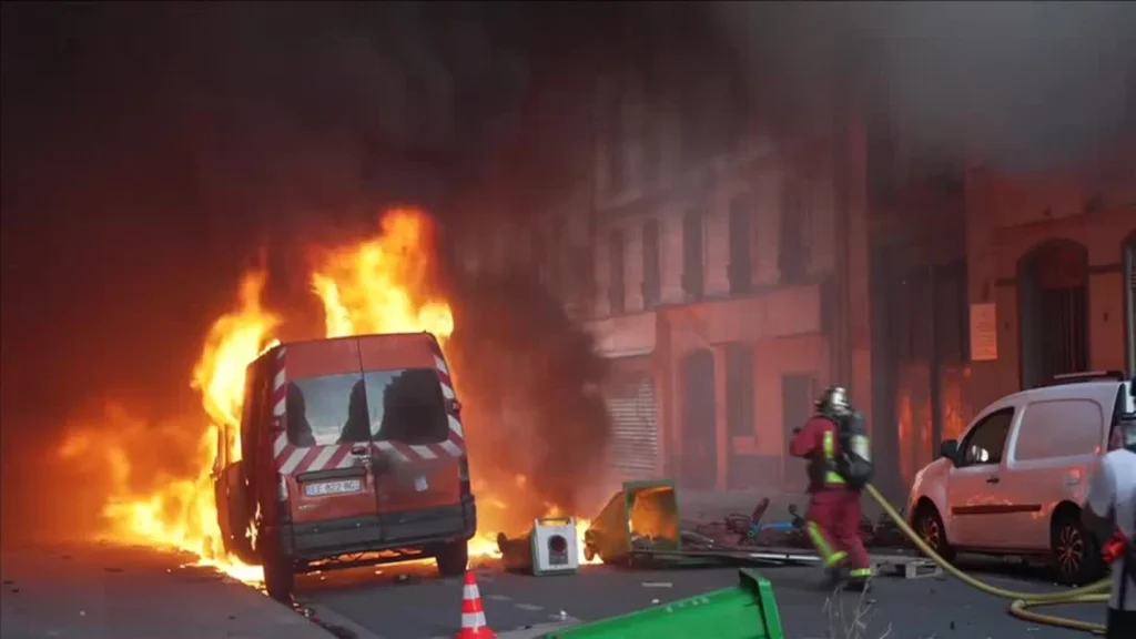 firefighters tackle burning emergency vehicle during student protests in paris